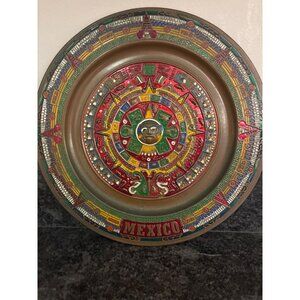 Vintage Handcrafted Mexican Mayan Calendar Plate Brass Colorful Details